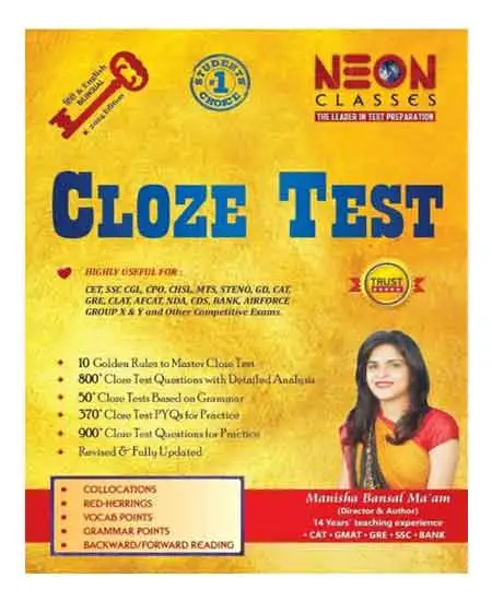 Neon Classes Cloze Test 2024 Edition In Hindi And English Highly Useful For CET SSC CGL CPO CHSL MTS STENO GD CAT Bank Airforce Group X And Y And Other Competitive Exams By Manisha Bansal 